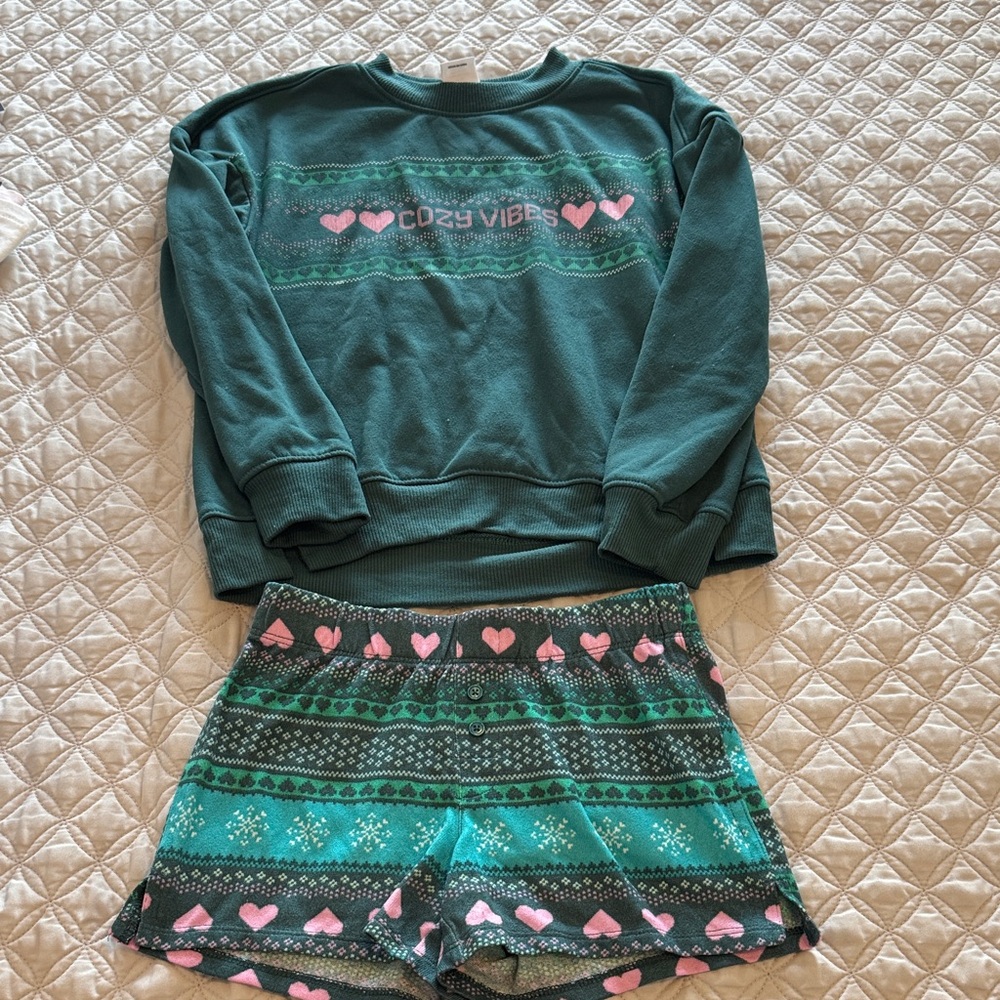Kids Cozy Vibes Teal Pajama Set with Pink Heart Accents